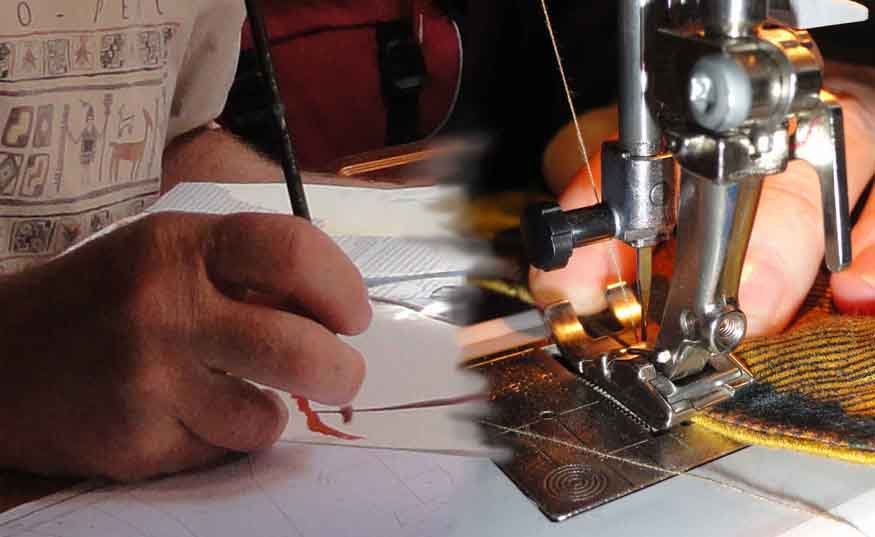 main avec pinceau et doigts � la machine � coudre